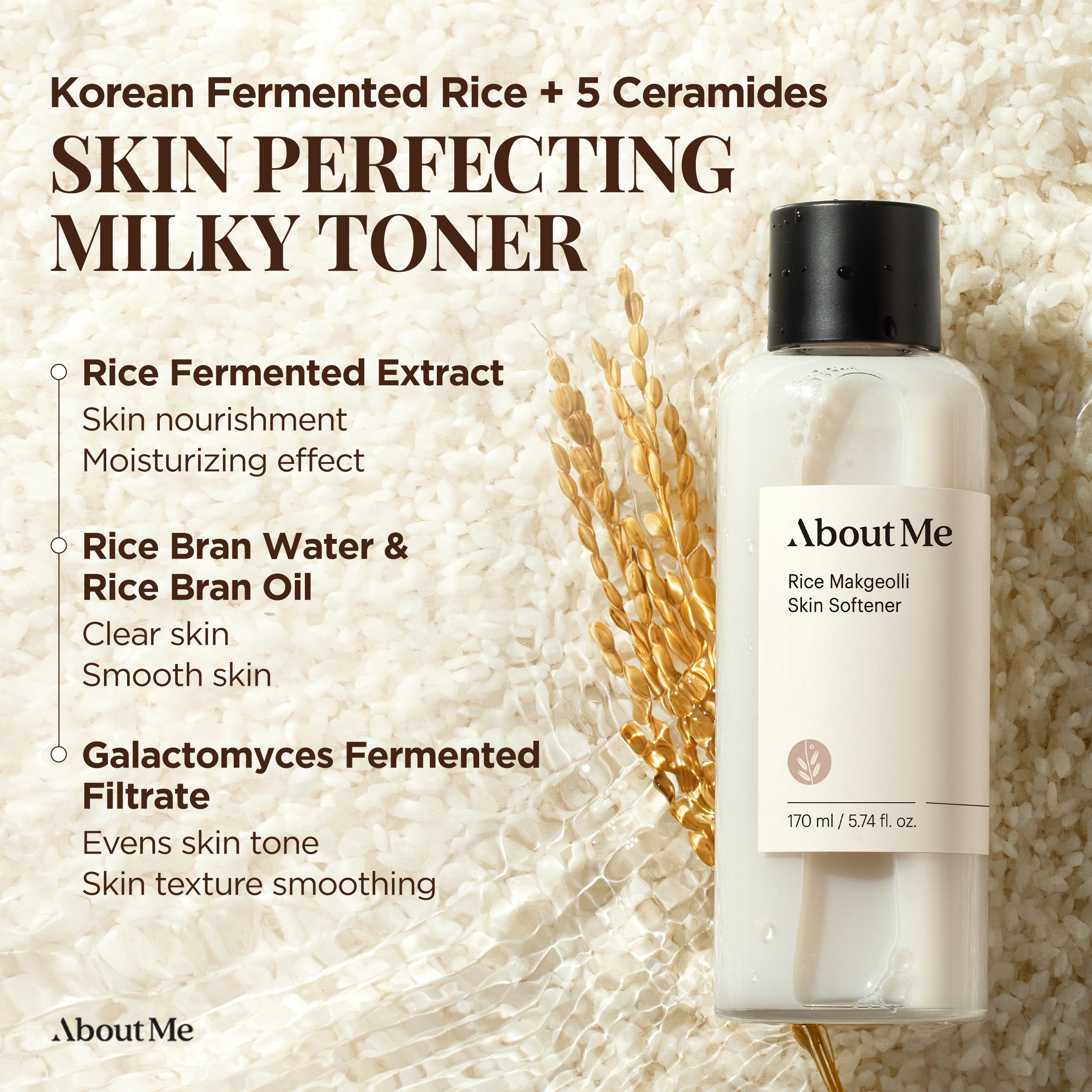 About Me Rice Makgeolli Skin Softener 5.74 fl oz - Hydrating Essence Toner for Glass Skin