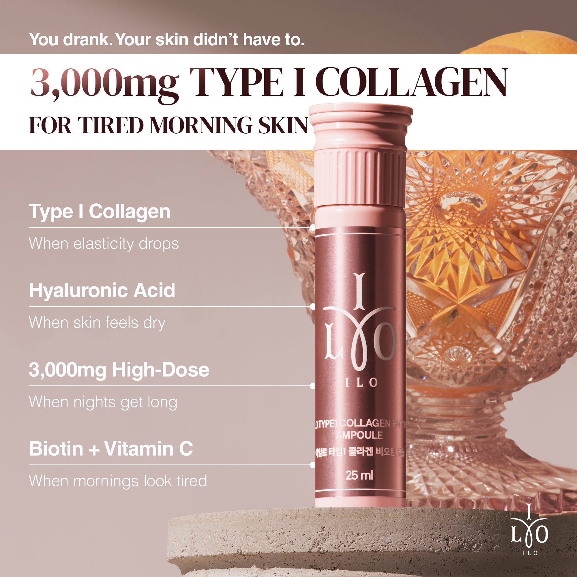 ILO Type 1 Liquid Collagen Drink 14 Bottles – 3,000mg Marine Collagen with Biotin & Ceramide